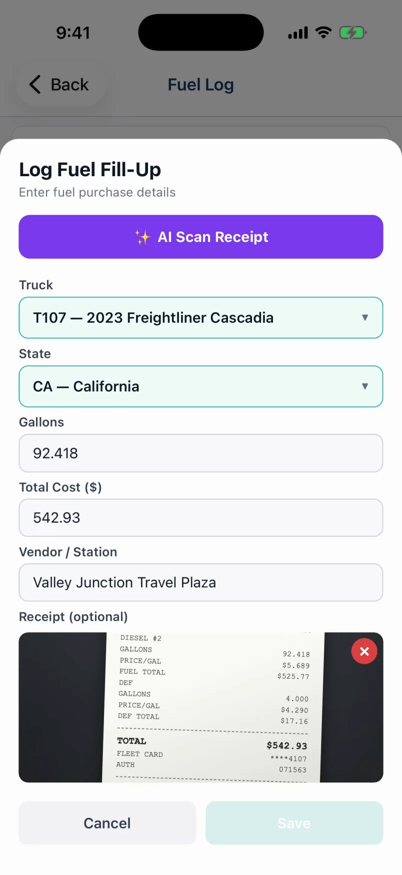 Driver app fuel fill-up form filled in automatically from a scanned receipt