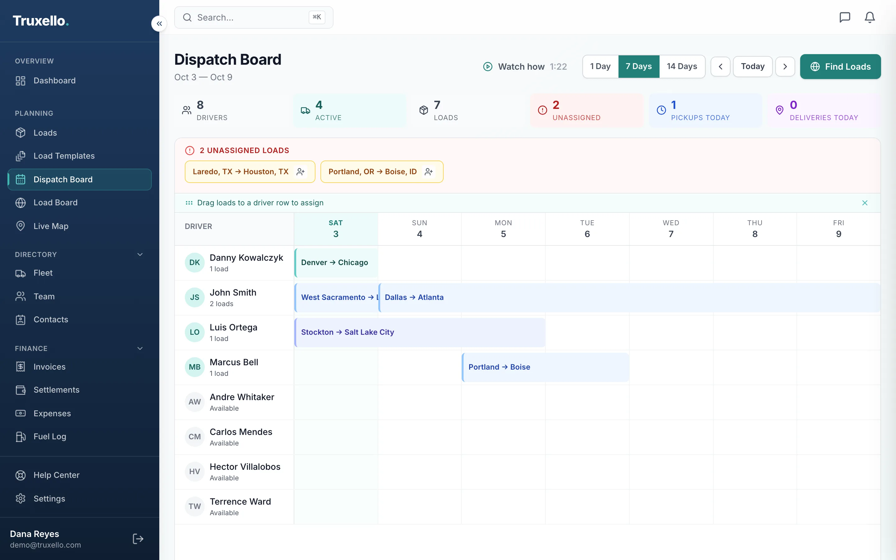 Dispatch board with each driver's week, unassigned loads, and loads placed on the calendar