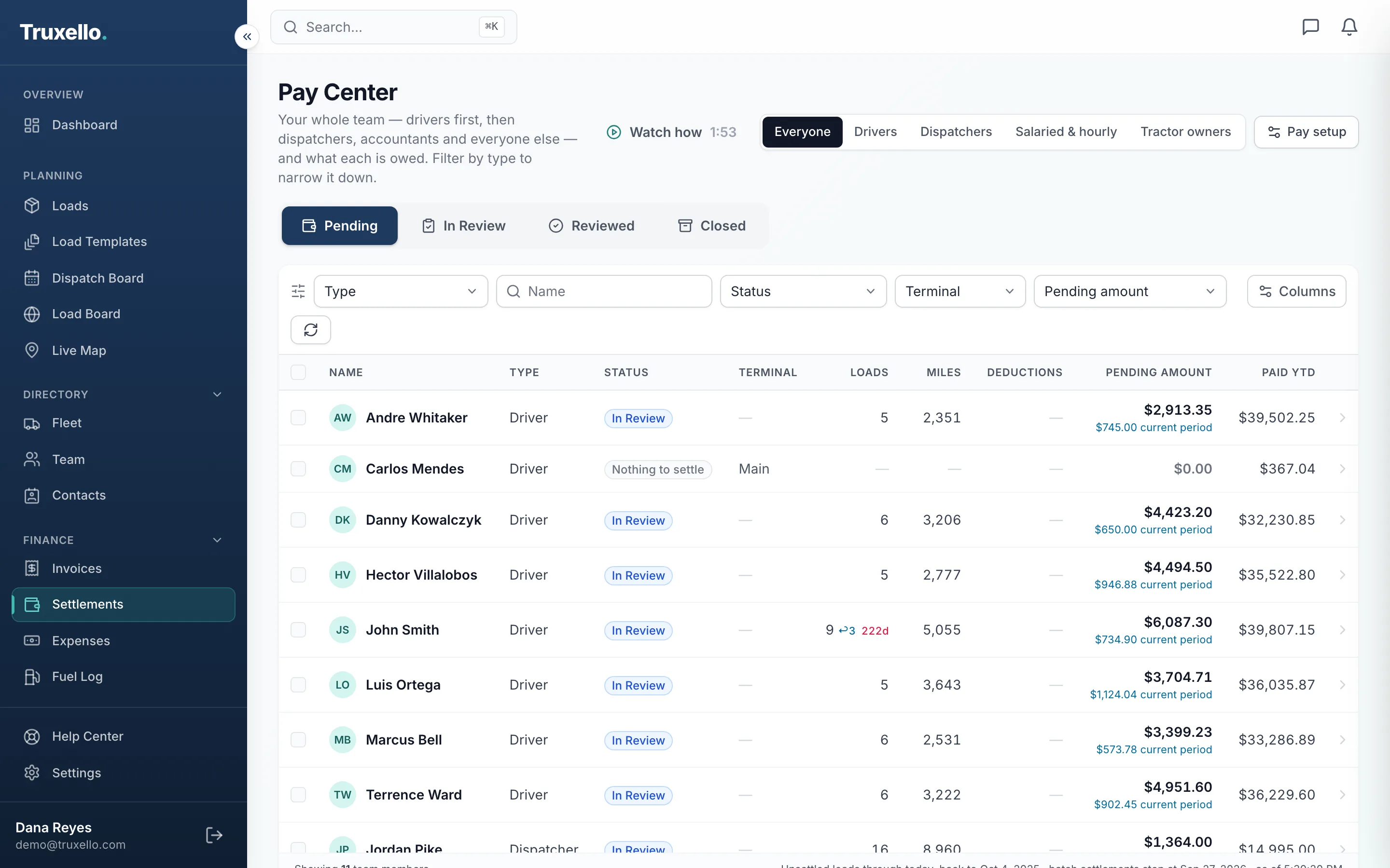 Pay Center listing drivers and dispatchers with loads, miles, pending pay, and pay to date